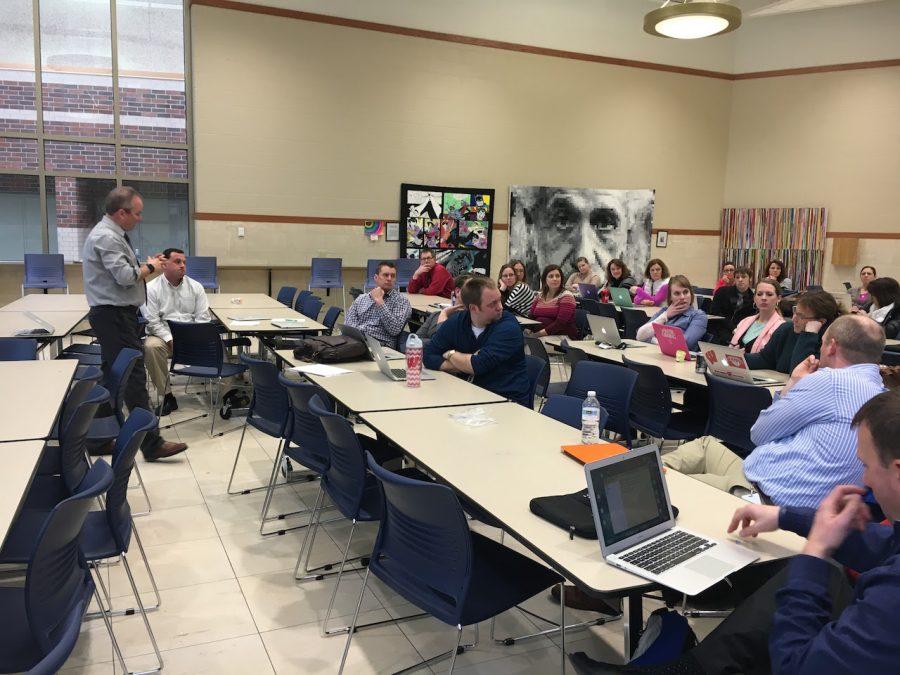 FLEXIBLE+SCHEDULING%0APrincipal+Frieder+and+about+30+teachers+discuss+a+proposal+for+alternative+learning+options.+The+Feb.+7+meeting+opened+up+debate+about+breaking+away+from+the+8-period+day%2C+yet+teachers+said+they+want+to+maintain+engagement+and+equal+opportunity+for+achievement+for+all+learners.+